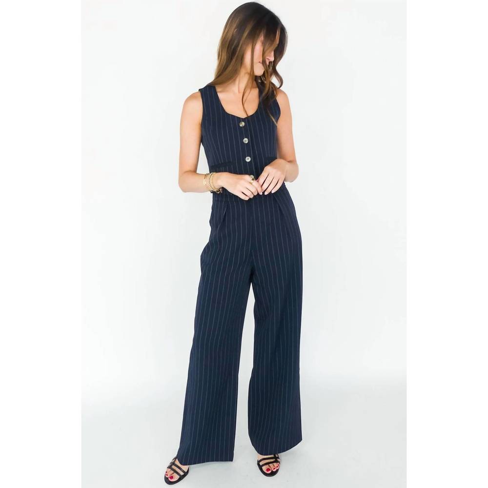 bishop + young Dark Blue Striped Wide Leg Jumpsuit
